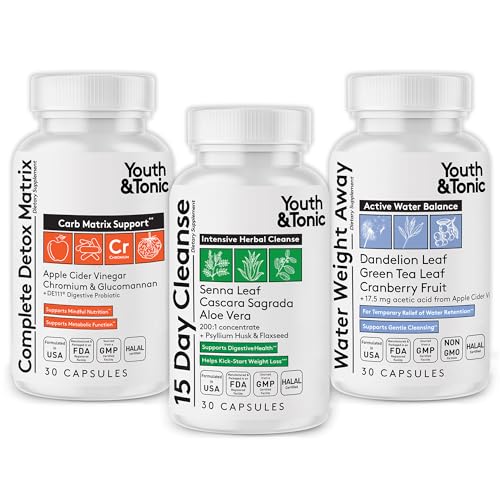 Youth & Tonic 3PK Detox Cleanse for Weight Management & Bloating Support – 15 Day Colon & Gut Cleanse, Water Weight Away & Detox Matrix Complex – 90 Pills