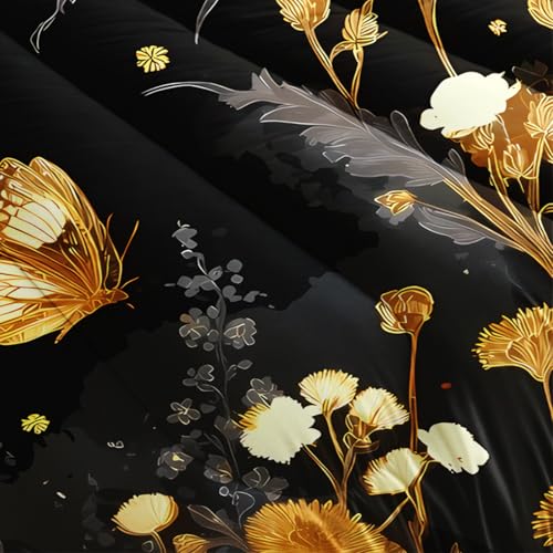 Image of AILONEN Twin Golden Butterfly Comforter Set, Black Wildflower Bedding, Dandelion Botanical Floral Decor, Lightweight Cozy Microfiber Dorm Kids Room