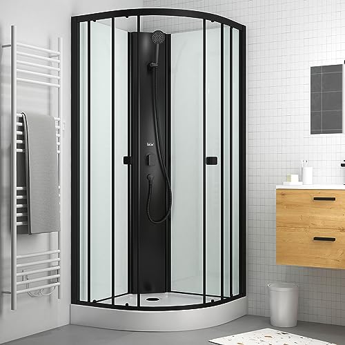 Cabine de douche 1/4 de cercle 85x85x200 cm - Portes coulissantes - Fonds Blancs & Profilés Noir Mat