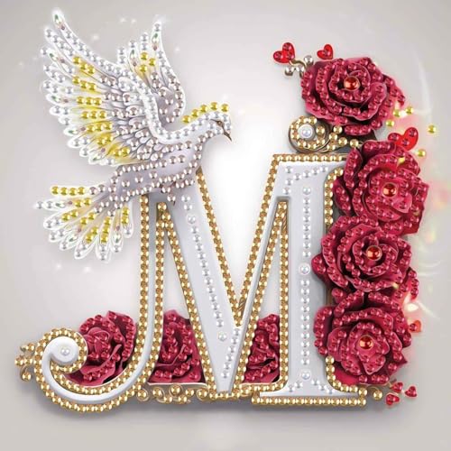 Image of AiYuanzsh 5D Diamond Art Kits for Adults Letter M, Modern Rose & Dove Floral Diamond Painting Kit for Beginners, Luxury Initial DIY Diamond Art for Home Decor 17x17cm