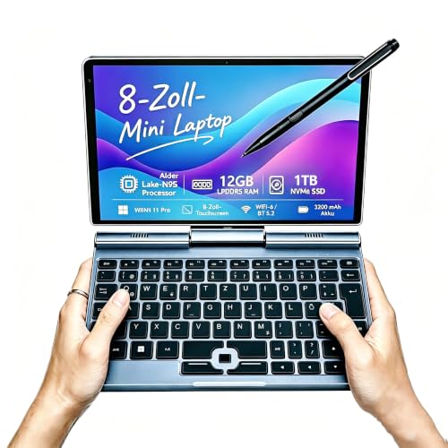 KOOFORWAY 8-Zoll 2-in-1 Mini-Laptop mit QWERTZ-Tastatur, drehbarem HD-Touchscreen & Stiftunterstützung, Win 11 Pro, Alder Lake-N95, 12GB RAM, 512GB SSD, Wi-Fi 6, BT 5.2, HDMI, Typ-C, 2MP Kamera