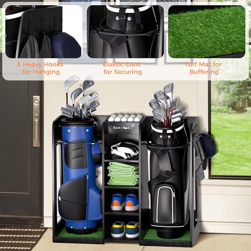 Wooden-Golf-Storage-Organizer-for-Garage-Premium-Golf-Bag-Holder-Rack-for-Golfing-Accessories-Great-Gift-for-GolfersHusband-Dad2-BagsDark-Black-Premium-Golf-Bag-Holder-Rack-For-Golfing-Accessories-Gre