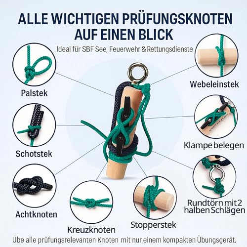 Knoten Übungsset Seemannsknoten Knoten−Floh – Knotentrainer aus Holz mit Klampe und Tauwerk, für Bootsführerschein SBF See & SBF Binnen, inkl. Knotentafel und Anleitung (SW/Grün)
