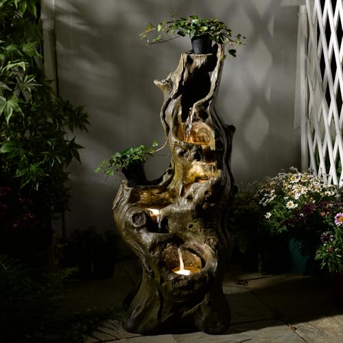 LED-Gartenbrunnen im Baumstamm-Design, 5-stufiger Kaskaden-Wasserfall aus wetterfestem Kunstharz | Naturgetreue Holzoptik für Terrasse & Vorgarten | 31 x...