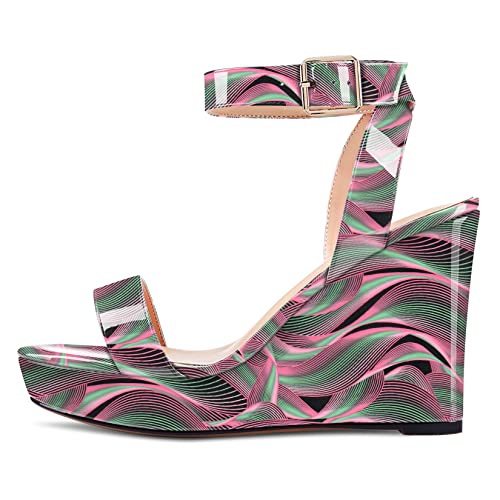 Image of Aachcol Women Platform Wedge Sandals Round Peep Open Toe Ankle Strap Slingback Two-Piece Chunky Block High Heel Dress Shoes Pumps Party Patent 4 Inch