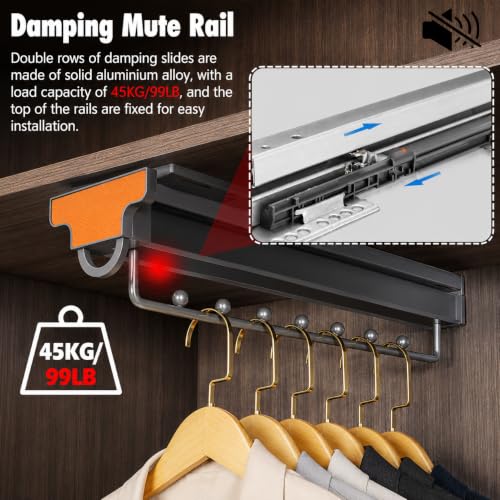 Image of Pull-Out Wardrobe Clothes Hanger Rail, Telescopic Sliding Closet Rod with Smooth Damping, Space-Saving Clothing Organizer for Shirts, Pants, Ties & Scarves, Aluminium Alloy - Grey