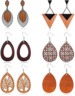 LOLIAS 6Pairs Wooden Dangle Drop Earrings for Women African Earrings Natural Wood Teardrop Dangling Hoop Earrings Ethnic Statement Lightweight Triangle Pendant Leaf Earrings Set