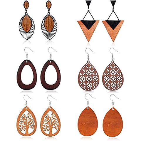 LOLIAS 6 Pares Pendientes Colgantes de Madera para Mujer Cover