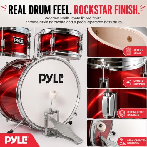 Image of Pyle Kids Drum Set, 3 Piece Beginner Junior Drummer Kit with 13 inch Bass Drum, Snare, Tom, Cymbal, Adjustable Throne, Mutes, Drumsticks, Red