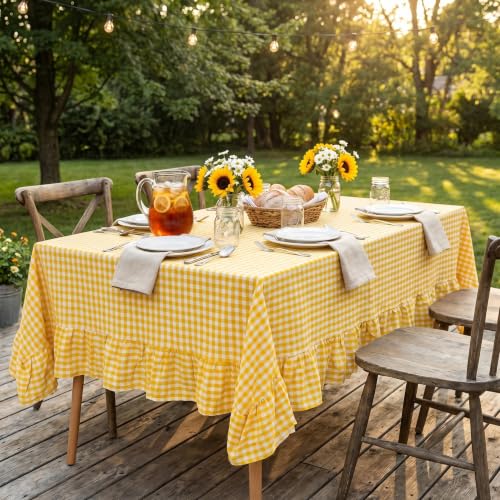 PartyDelight Gingham Ruffle Tablecloth Butter Yellow Washed Cotton Checkered...