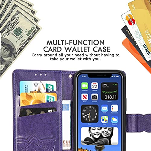 Haotp T02105280 Wallet Case For Iphone 12/12 Pro,Pu Leather Protective Phone Case Wrist Strap Card Slots Holder Pocket Emboss Butterfly Flower Stand Flip Case thumb #5