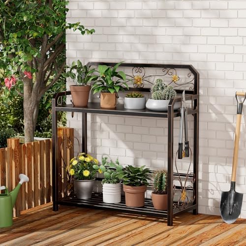 Potting Bench, Outdoor Potting Table with 4 Side Hooks, All-Weath...