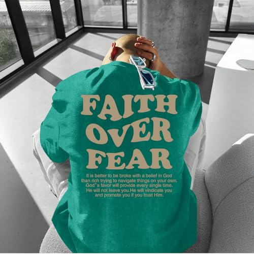 Image of Christian Shirts for Men Faith Over Fear Oversized Shirt Acid Wash Tshirt Graphic Religious T Shirt Bible Verse Tees