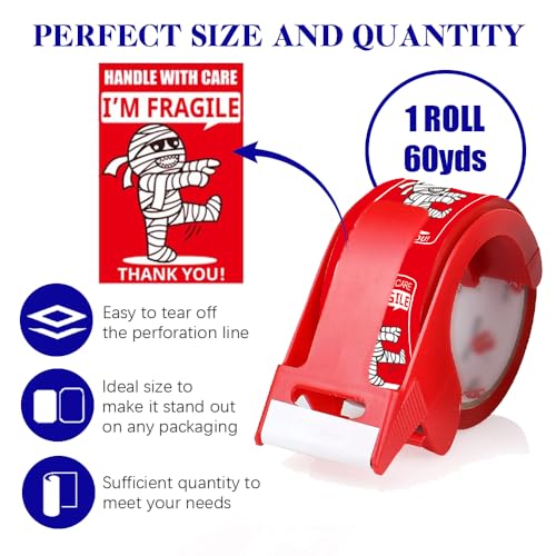Image of Fragile Tape for Safe Moving and Shipping,Cute Design and Free Dispenser | 1.78 Inch Width x 60 Yards, Durable Packaging Tape for Boxes, Ideal for Mailing and Storage