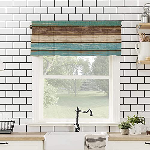 Homechoid Teal Turquoise Curtain Valance For Windows/Living Room/Kitchen/Bathroom/Farmhouse, Rustic Wood Board Green Brown Short Rod Pocket Tier Curtain Window Treatment, 1 Panel 54X18 #TOP3