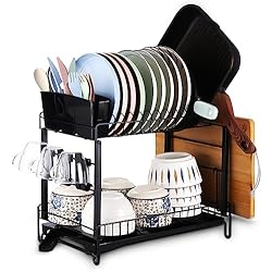 Escurridor Fregadero Ikea Birshe Estante de Secado de Platos, 2 Niveles Escurreplatos con Bandejas de Goteo, Soporte de Cubiertos, Soporte para Tabla de Cortar, Escurre Platos Armarios con Función de Drenaje Automático