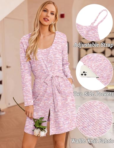 Image of Ekouaer Pajamas for Women Set 3 Piece Lounge Set Soft Pajama Sets Waffle Knit Tank Top and Shorts Cardigan with Pockets S-XXL