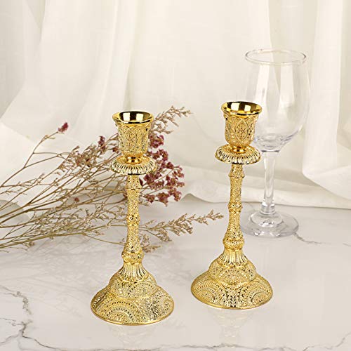Alternative view of OwnMy Set of 2 Taper Candle Holders Vintage Metal Pillar Candlestick Holders 7.4â, Elegant Brass Candle Stick Holders Decor Candelabra Set for Dining Table Centerpieces Wedding Home Decoration, Gold