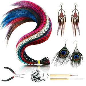 Feather Hair Extensions & Feather Earrings for Women 52 Pieces Colored Synthetic Hair Feathers 16 Inches Hair Feather Extension Kit with Beads Piercer Tool Girls Christmas Daily Party Hair Accessories