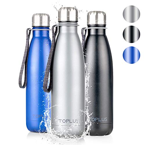 TOPLUS Bouteille d'eau Isotherme 500ml, Gourde Sport, sans BPA, Gourde en Acier Inoxydable 304, 24 Heures Froide 15 Heures Chaudes, Anti-Fuite, avec Une Sangle tissée, pour Sport, Voyage (Gris)