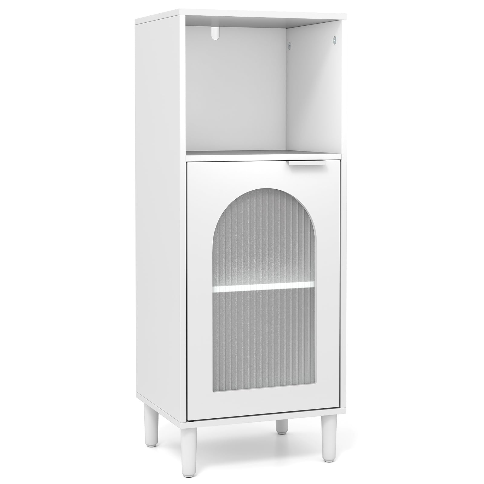 COSTWAY Bathroom Floor Cabinet, Freestanding Storage Cupboard with Tempered Glass Door & Adjustable Shelf, Solid Wood Legs Slim Bathroom Unit Cabinet for Living Room Hallway, 35x30x90cm (White)