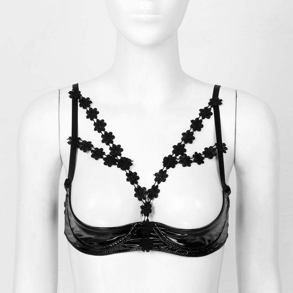 Womens Lingerie Under-Wired Sissy Bikini Bra Flower Trimming Patent Leather Exotic Nipples Hole Spaghetti Strap Bra Tops-Black_XL