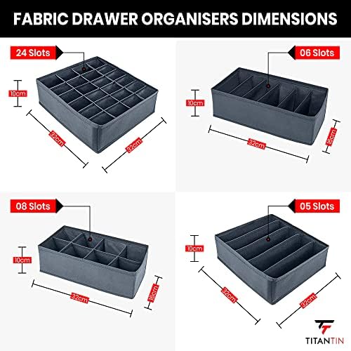 Titantin 4-Pcs Drawer Organisers, Closet Dividers, Storage For Socks, Bras, Ties and Scarves, Foldable Wardrobe Storage Boxes, Grey (UK Stock)