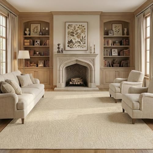 Garvee 8x10 Area Rugs for Living Room Solid Color Washable Rug with Non Slip Backing, Non Shedding Low Pile Textured Weaving Rug Stain Resistant Foldable Mats for Dining Room, Bedroom, Office, Beige
