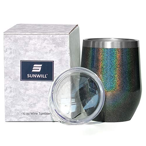 Image of SUNWILL Insulated Wine Tumbler with Lid Iridescent Charcoal, Double Wall Stainless Steel Stemless Insulated Wine Glass 12oz, Durable Insulated Coffee Mug, for Champaign, Cocktail, Beer, Office