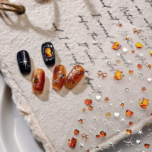Image of Cat Nail Stickers Decals Bow Nail Art Stickers with Jelly Design Orange Color Nail Decals for Nails Art 5D Embossed Self Adhesive Star Heat Nails Sticker for Women Girls Kid Manicure Charms Decoration