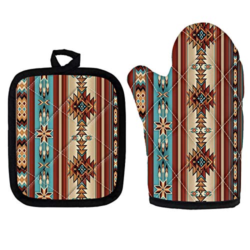 Glenlcwe Southwest Stripe Native Aztec Oven Mitts And Pot Holders Sets,Non-Slip Cooking Gloves Premium Lining For Kitchen Backing Barbecue #TOP27