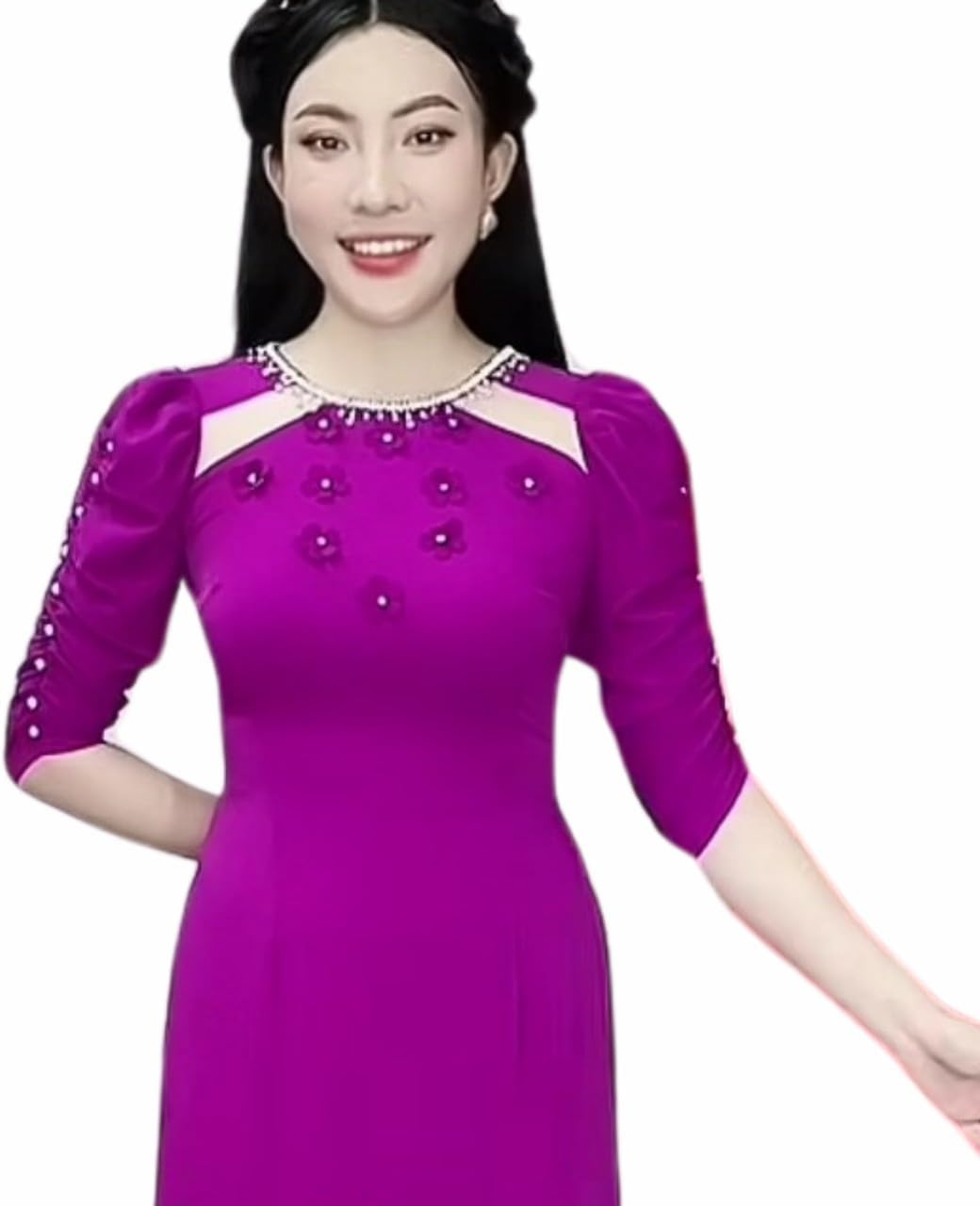 Vietnamese Traditional Ao Dai Set, Round Neck with Pearl Beads, Puff Sleeves, Ao Dai with Pants