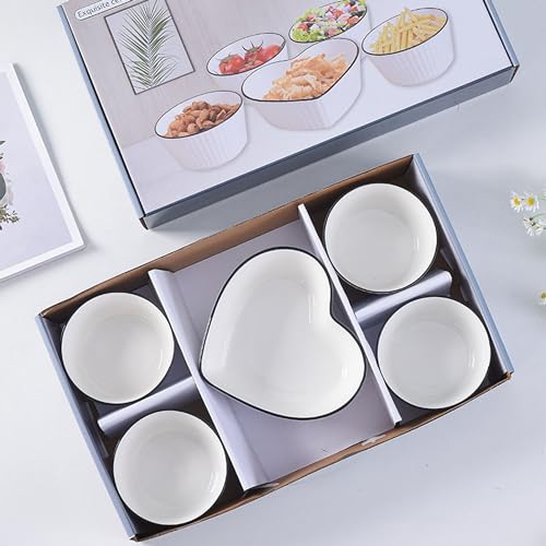 Image of Heart Shaped Ceramic Bowls, Set of 5, Microwave Safe Soup, Rice, Noodle, & Fruit Bowls, Perfect for Home & Restaurant Use