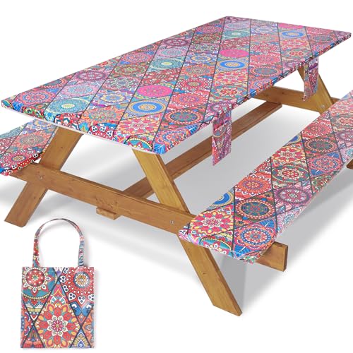 Picnic Table Cover with Bench Covers Fitted Wrinkle Free Camping Table Cloths Hiking Glamping Supplies Travel Trailers Cooking Essential Holiday Festival Decor Gifts for Adult Who Want Nothing
