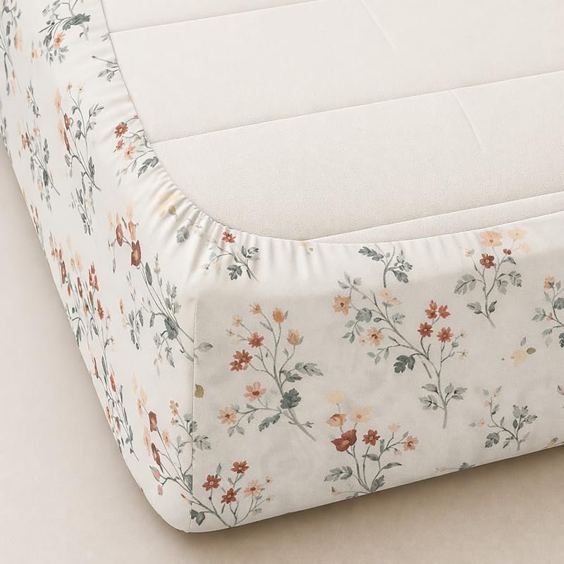 Image of White Soft Floral Fitted Bedsheet | Glace Cotton 140 TC | Single Size (36x75 inch) with 2 Pillow Covers (18x28 inch) | Deep Pocket up to 10 Inches - Soft & Comfortable