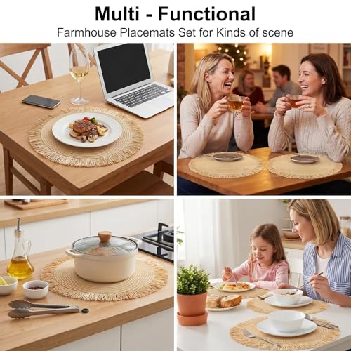 Sets de table bohèmes ronds 38cm résistant chaleur pour déco table salon beige