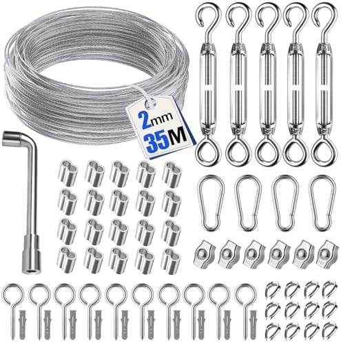 Casavibe verstärkter 34.7m,Langlebiges Stahlseil-Set mit Seilspanner, Drahtseilklemme, Stahlseil ummantelt für Rankhilfe und Beleuchtung, Ideal als Wäscheleine Foto und für DIY-Projekte