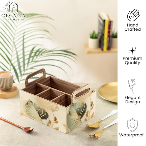 Image of CivanaHomes Wooden Cutlery Holder with Gold Engraving | Pack of 1 | Size : 9 x 7 x 5.5 inch | Enamel Coated Waterproof | Cutlery Holder for Dining Table | (White Leaf)