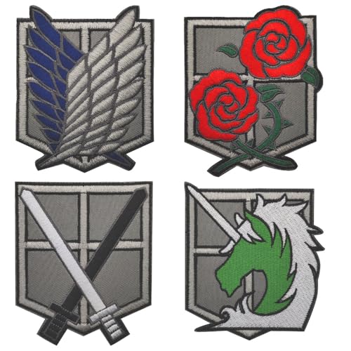 4 piezas compatibles con Attack on Titanio, dibujos animados japoneses con gancho de anillo, soporte para ropa, chaquetas, vaqueros, mochila, uniformes, viajes, aventura, motociclista, colección de