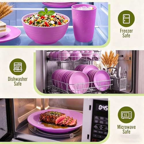 Image of Wheat Straw Dinnerware Set 40 PCS | Service for 8 | Unbreakable Plates and Bowls Sets Plastic Reusable Dishes Sets Dinner Plates, Cereal Bowls, Water Cups Kitchen Set for Home RV- Pink