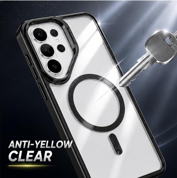 Image of MagPro ClearBack Case with Stand for Samsung Galaxy S26 Ultra Anti Yellow, Strong MagSafe Compatible Cover Shockproof Armor Scratch Resistant Polycarbonate Hard Back with Soft TPU Bumper Black
