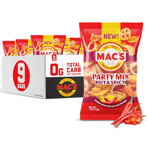 Mac's Hot & Spicy Pork Skins Party Mix - Hot & Spicy Flavored Chicharrones Pork Rinds - Party Snack - 4oz (9-Pack Party Mix)