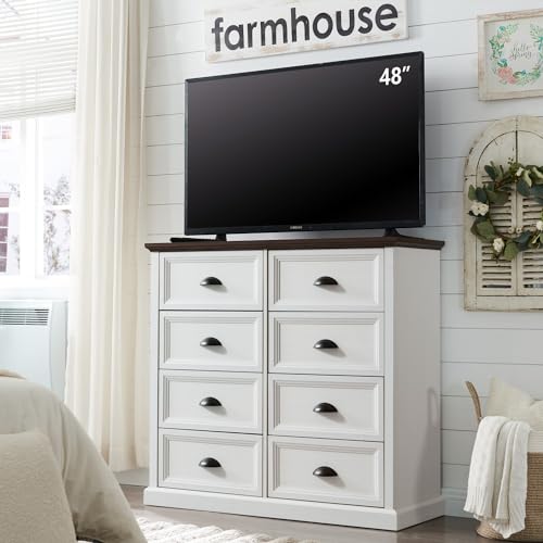 IFGET Farmhouse 8 Drawer Dresser for Bedroom, 39\" Tall Dressers & Chests of Drawers, 42\" Wide Dressers Organizer Storage, Wood Rustic Bedroom Dresser for Closet, Living Room, Hallway, White - Thumbnail 3