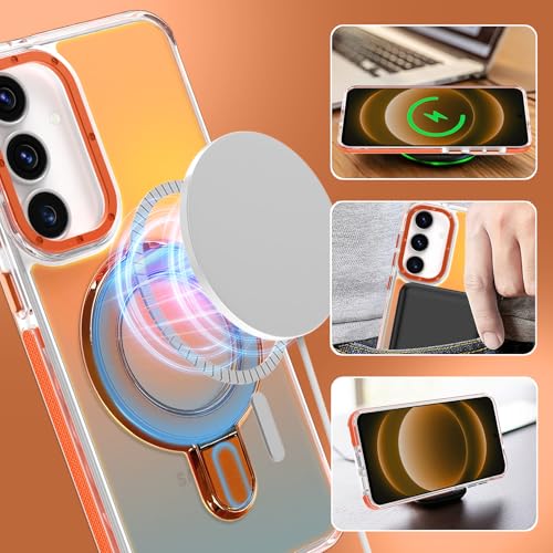 Image of Magnetic for Samsung Galaxy S25 FE 5G Case with Stand [Compatible with Magsafe] [Cute Fluorescent Design] [1 Screen Protector] Slim Translucent Matte Case for Galaxy S25 FE 5G 6.7 inch, Orange