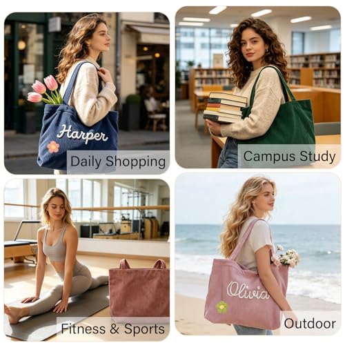 Bolso Tote de Pana Personalizado para Mujer con Flor y Cierre miniatura 7