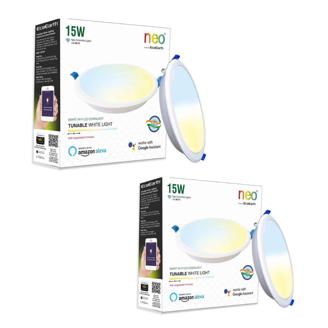 EcoEarth Neo Smart WiFi Downlight Compatible with Alexa and Google Assistant | Round | 15-Watt| Tunable White | CCT - Warm to Cool Feel | Pack of 2