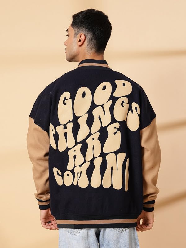 Image of CHKOKKO Men's Oversized Varsity Jacket with Snap Button Closure and Patch Design Trendy Comfortable Outerwear for College Travel and Casual Wear