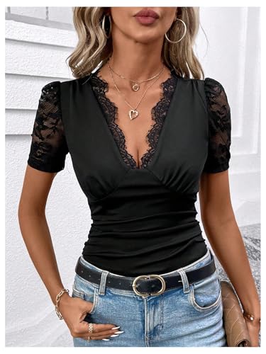 SweatyRocks Women's Mesh Short Sleeve Lace Trim V Neck Slim Fit Ruched Tee Shirt Top3