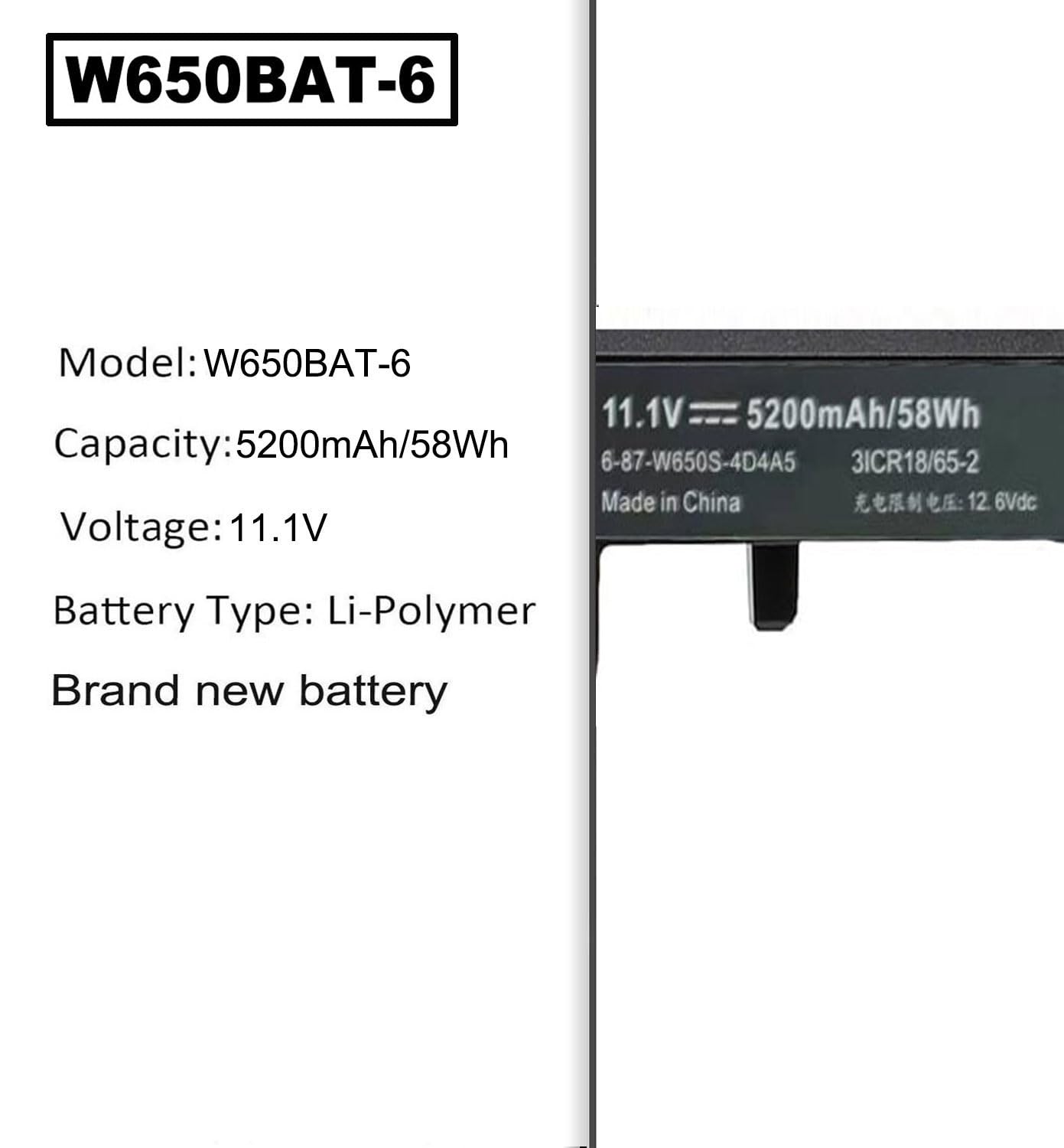 FESTAS 11.1V 5200mAh W650BAT-6 Batterie Compatible avec Clevo W650 W650S | W650SC W650SH W650SJ W650SR W650SZ W670SJQ Hasee K610C K650D Series 6-87-W650-4E42 6-87-W650S-4D4A3