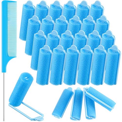 25 Pieces Foam Sponge Hair Rollers Set, Includes 24 Pieces Soft Sleeping Hair Curler Flexible Hair Styling Sponge Curler and Stainless Steel Rat Tail Comb Pintail Comb for Hair Styling, Blue